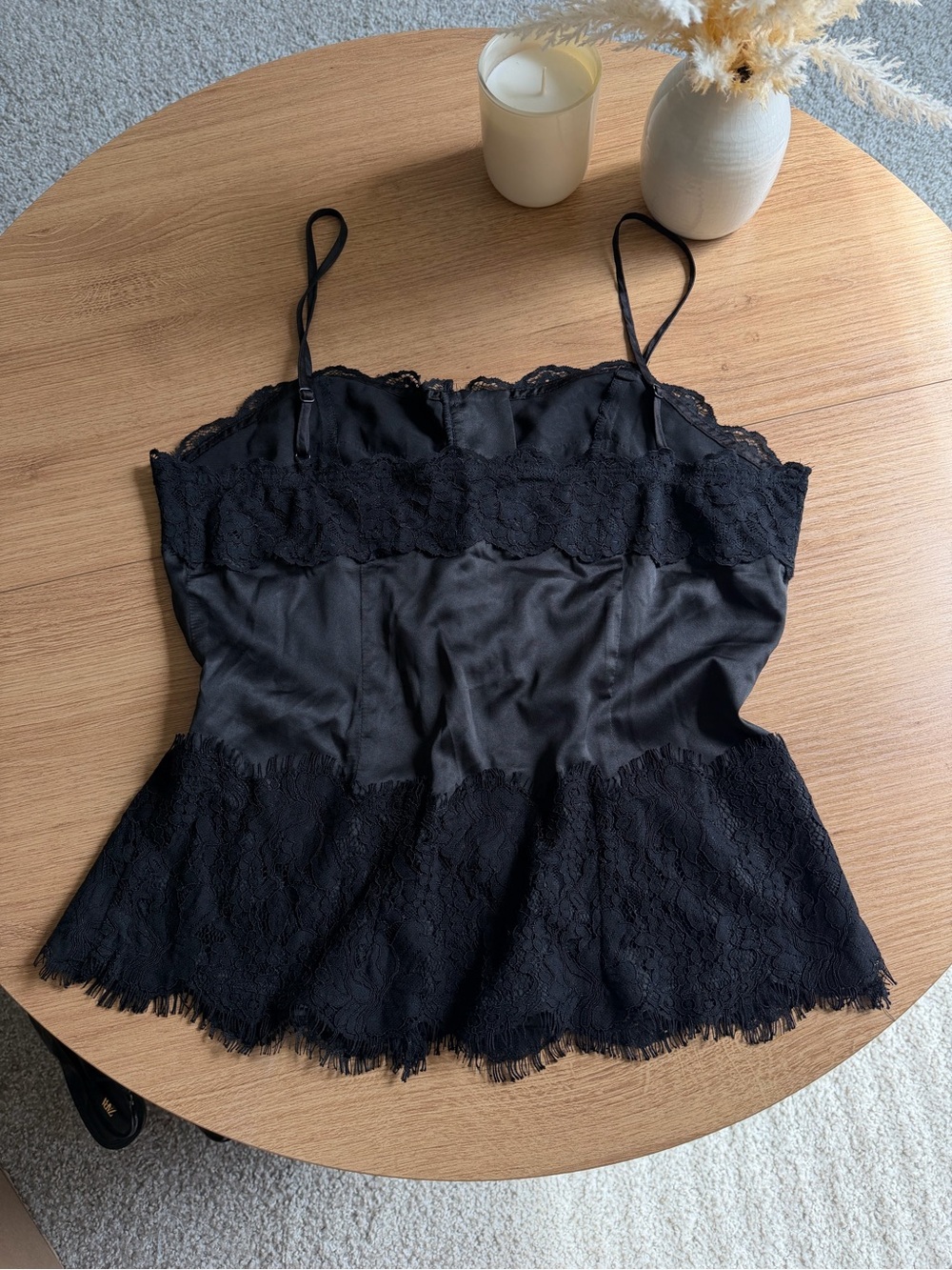 Commense Black Lace satin Camisole with Fringe Hem - Picture 3 of 4